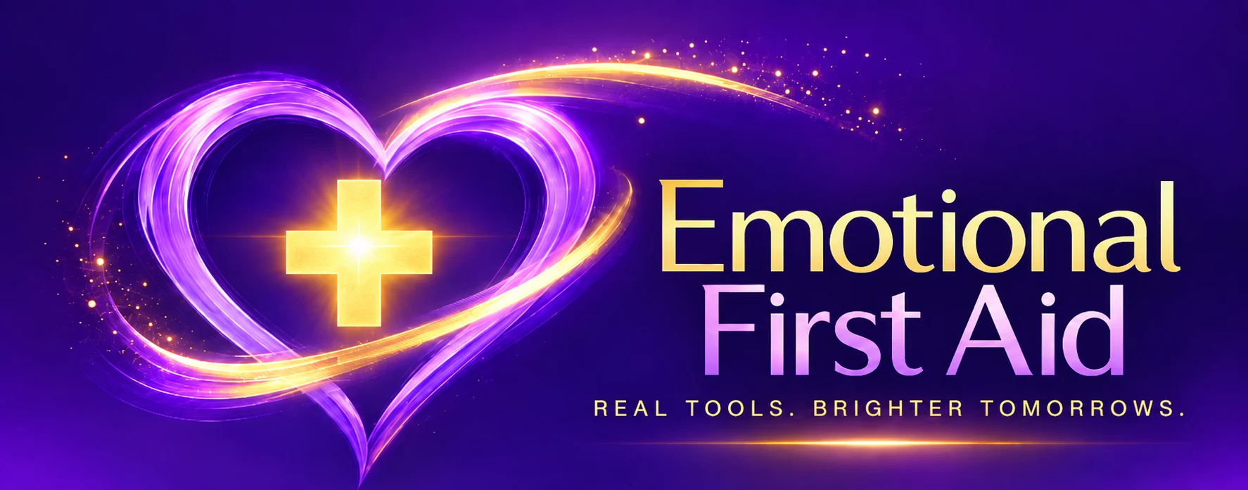 Flowing violet ribbon heart and golden cross, Emotional First Aid brand artwork